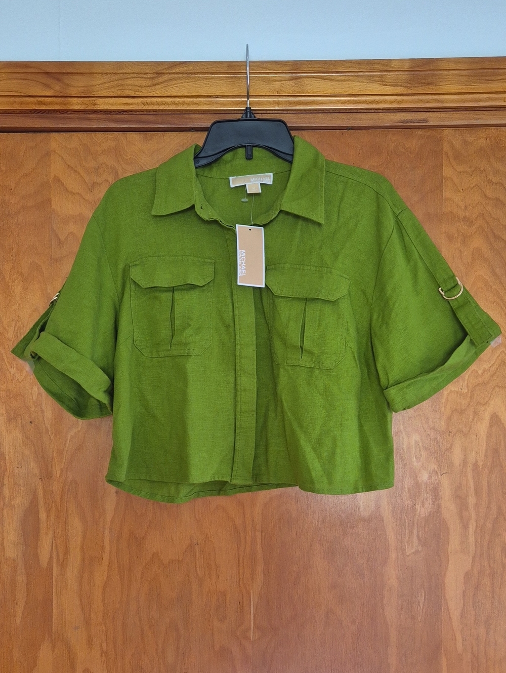MICHAEL Michael Kors Linen Blend Cropped Button-Front Utility Green Shirt, sizeM